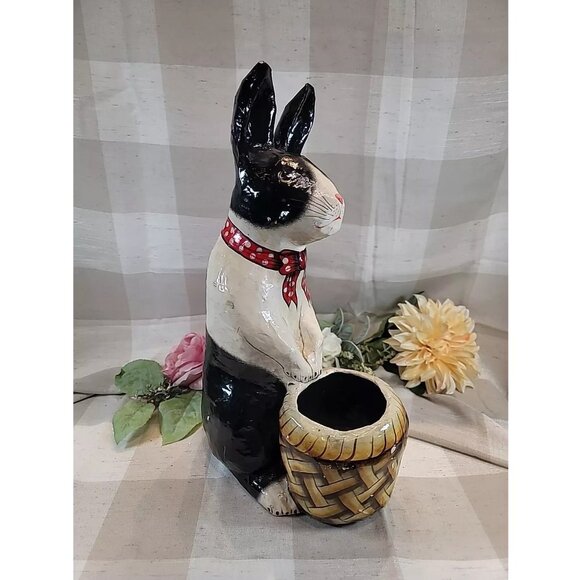 Paper Mache Painted Easter Bunny Dutch Rabbit Basket Candy Holder Vintage 17" - Picture 3 of 12
